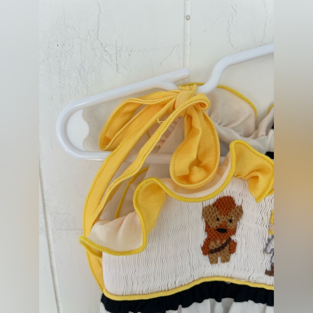 Awe Smocks Star Wats Smocked Stripe Black & White Bubble 1 Piece Yellow Ruffles - Picture 8 of 14